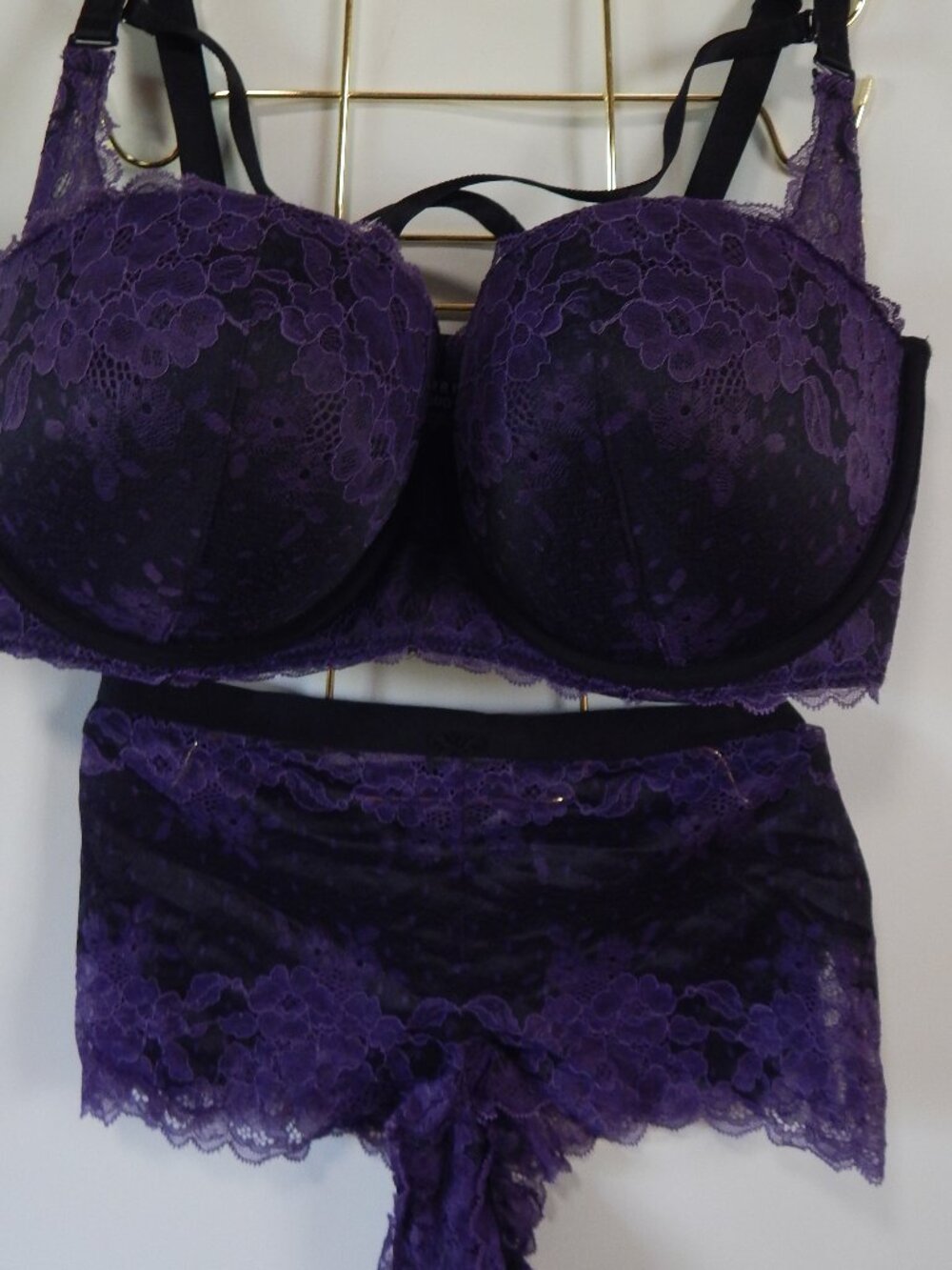 Torrid Black & Purple Lace Print Microfiber Push-Up Multi-Way Bra and Panty Set